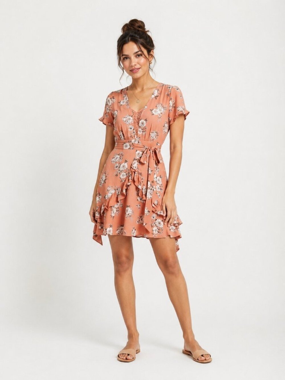 Sadie & Sage Rust Floral Wrap Mini Dress Ruffle Sleeve Boho Small 0522